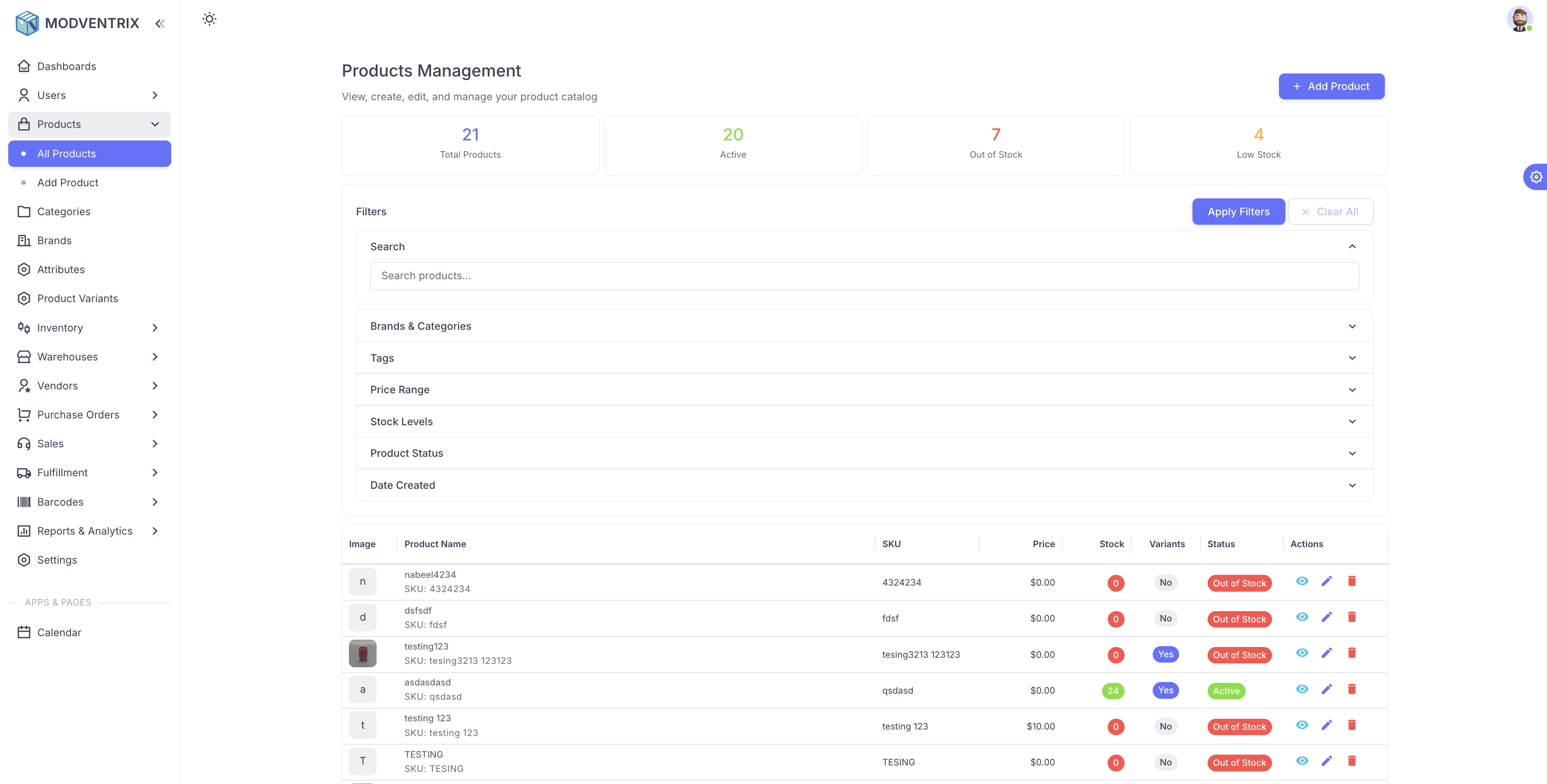 Product catalog management interface