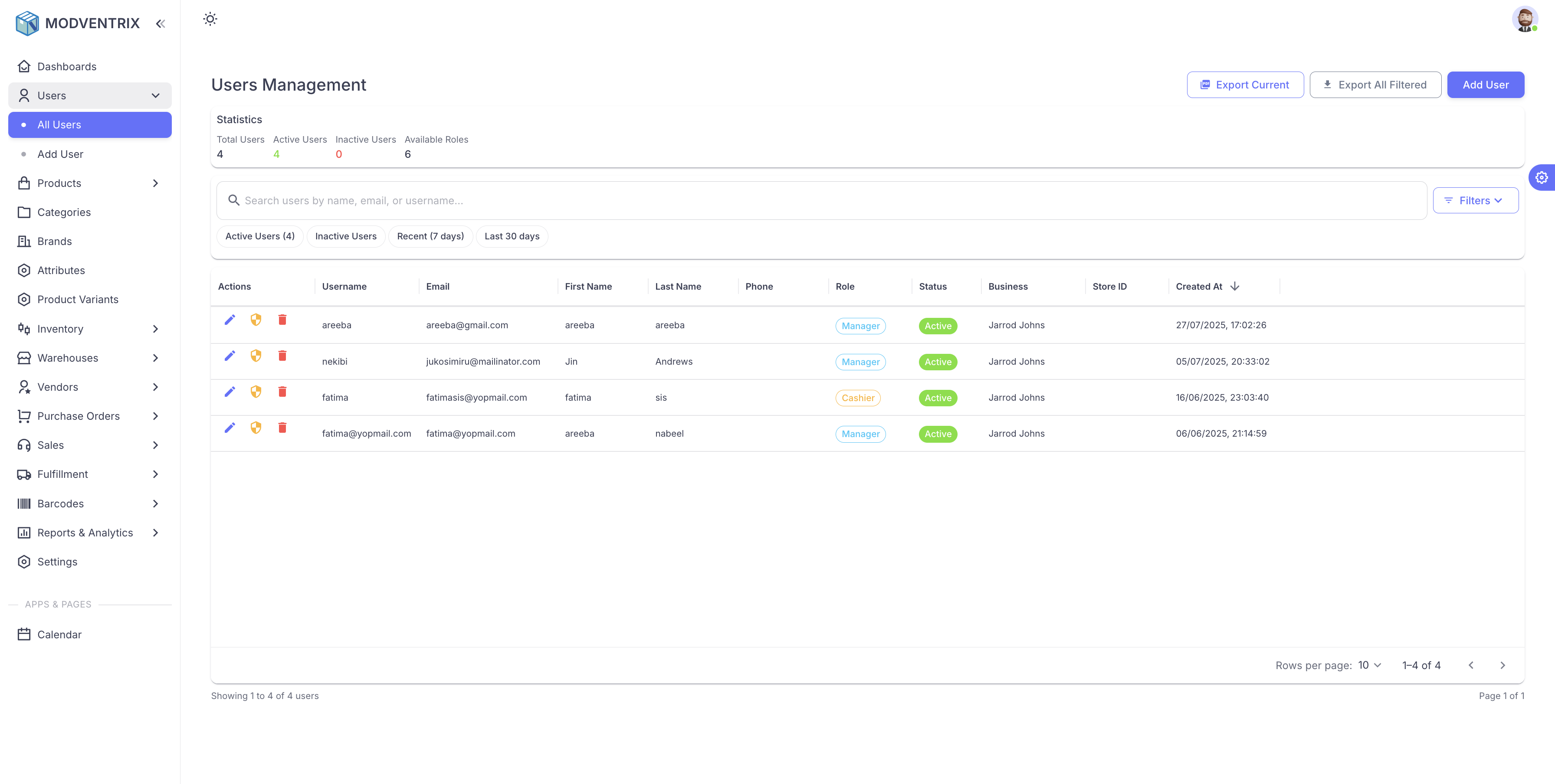 User and business management interface